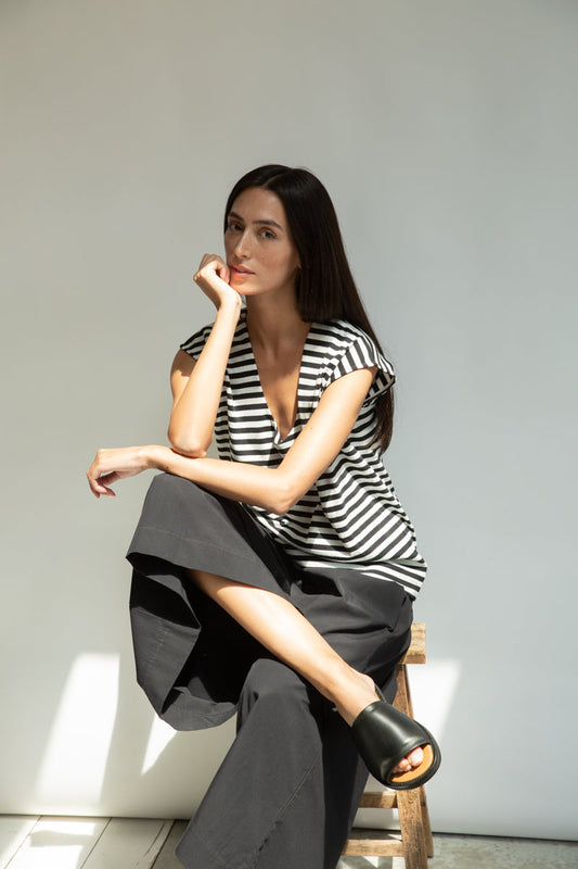 Tamsin-Sue Organic Cotton Jersey Stripe Top in Black & White Stripe