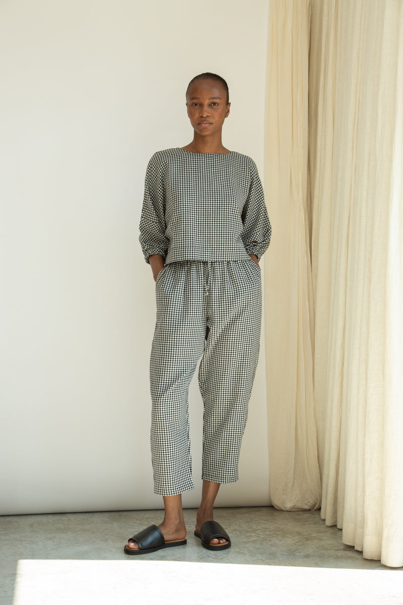 Cedar-Cay Organic Cotton Double Gauze Trouser in Monochrome Gingham