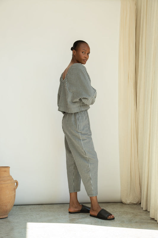 Cedar-Cay Organic Cotton Double Gauze Trouser in Monochrome Gingham