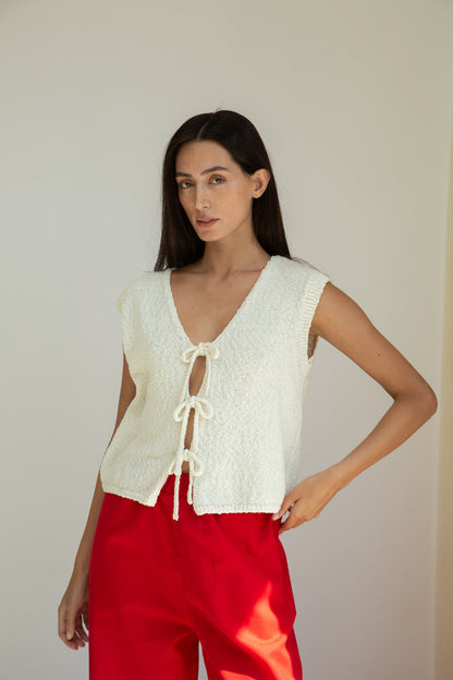 Florence Cotton Linen Knit Vest in Off White