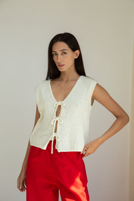 Florence Cotton Linen Knit Vest in Off White
