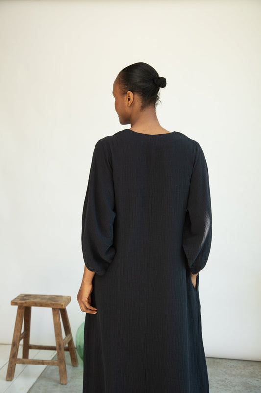Henrietta Organic Cotton Cheesecloth Dress in Black