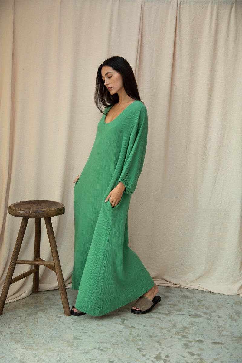 Henrietta Organic Cotton Cheesecloth Dress in Palm Green