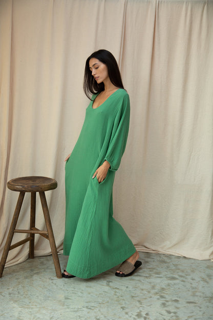 Henrietta Organic Cotton Cheesecloth Dress in Palm Green