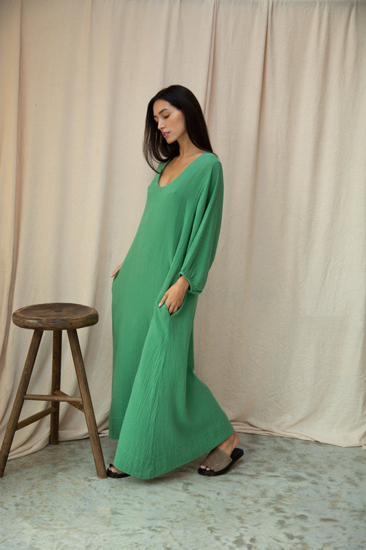 Henrietta Organic Cotton Cheesecloth Dress in Palm Green