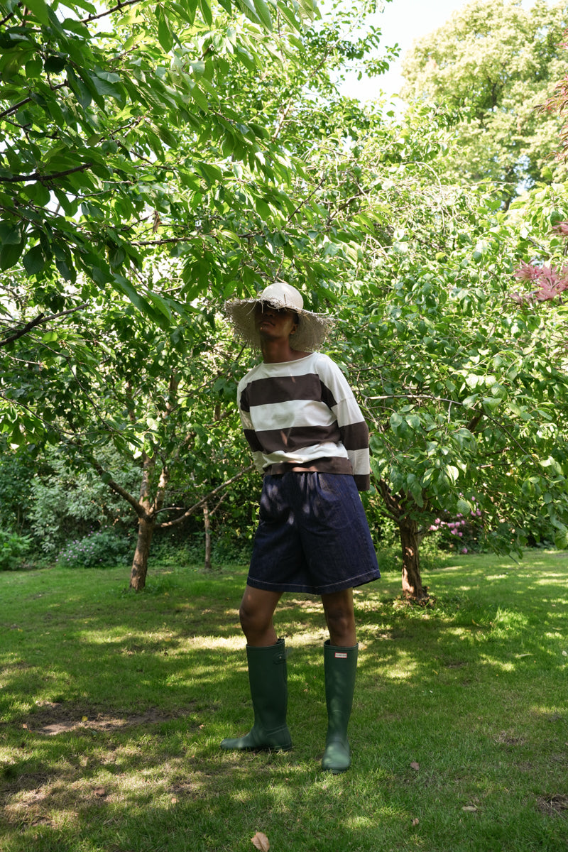 Leia-Sue Organic Cotton Jersey Stripe Top in Cacao & White Wide Stripe