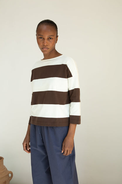 Leia-Sue Organic Cotton Jersey Stripe Top in Cacao & White Wide Stripe