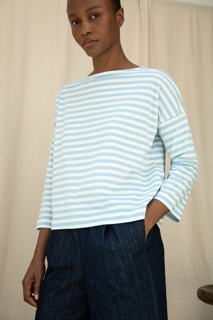 Leia-Sue Organic Cotton Jersey Stripe Top in Pale Blue & White Stripe