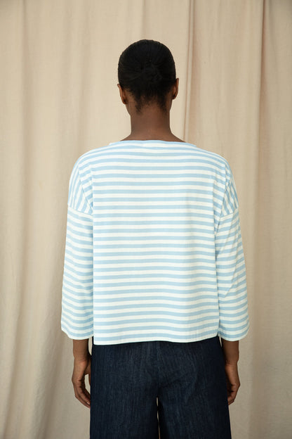 Leia-Sue Organic Cotton Jersey Stripe Top in Pale Blue & White Stripe