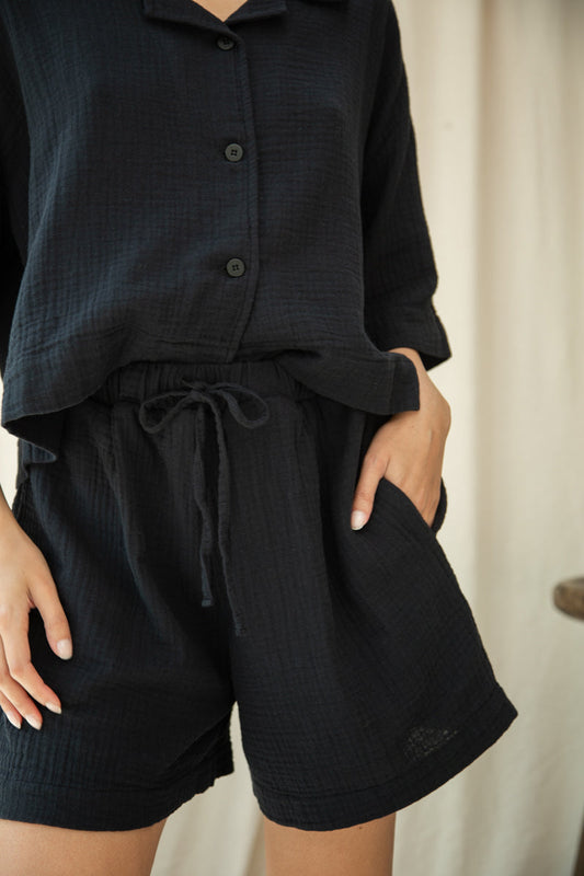 Paola Organic Cotton Cheesecloth Shorts in Black