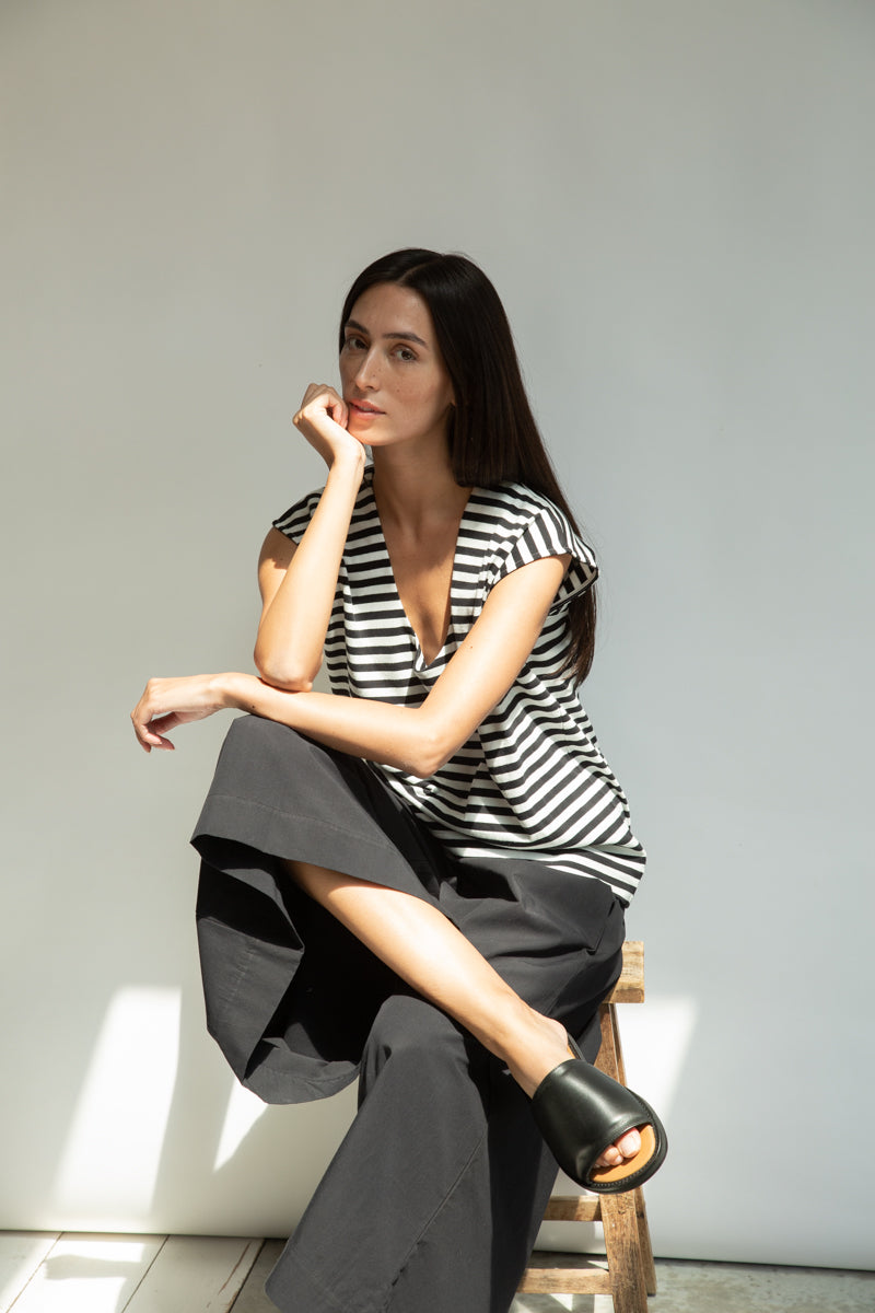 Tamsin-Sue Organic Cotton Jersey Stripe Top in Black & White Stripe