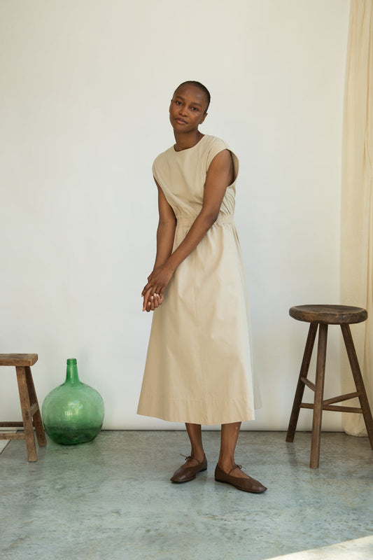 Tanya Organic Cotton Jersey and Poplin Dress in Sand