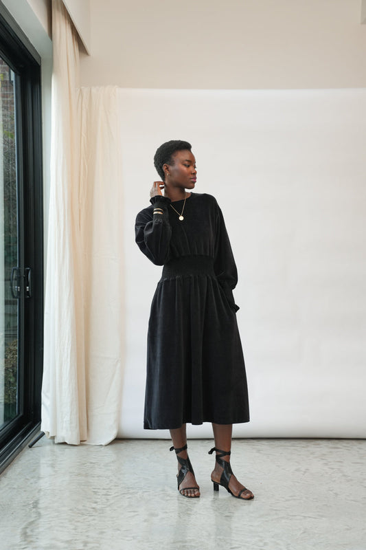 Aria Organic Cotton Velour Dress in Black