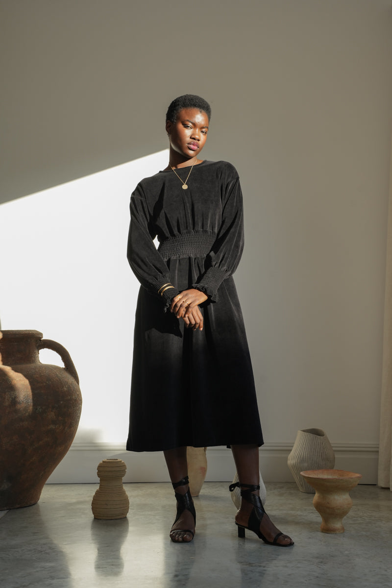 Aria Organic Cotton Velour Dress in Black