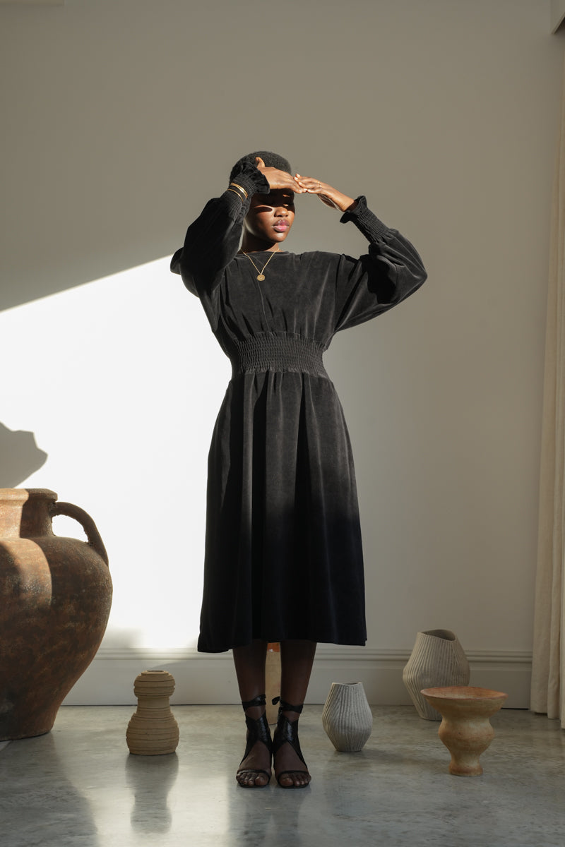 Aria Organic Cotton Velour Dress in Black