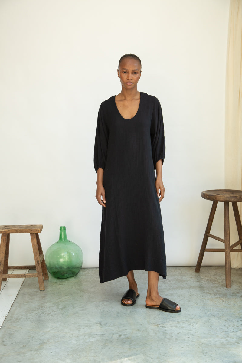 Henrietta Organic Cotton Cheesecloth Dress in Black