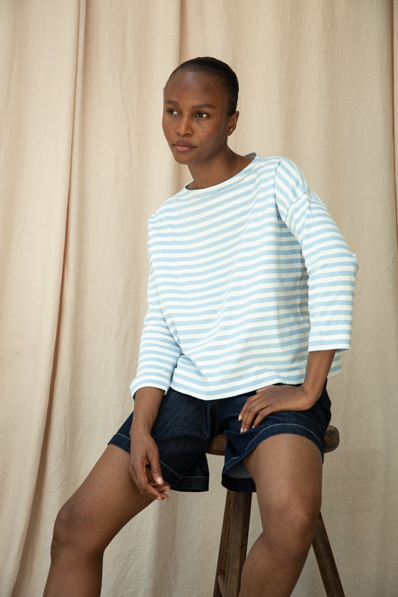 Leia-Sue Organic Cotton Jersey Stripe Top in Pale Blue & White Stripe
