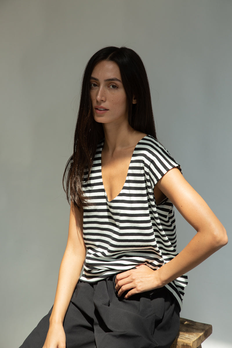 Tamsin-Sue Organic Cotton Jersey Stripe Top in Black & White Stripe