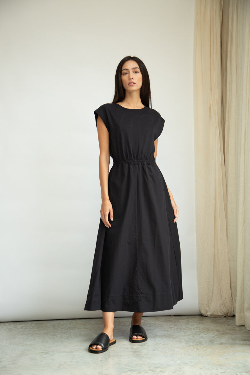 Tanya Organic Cotton Jersey and Poplin Dress in Black